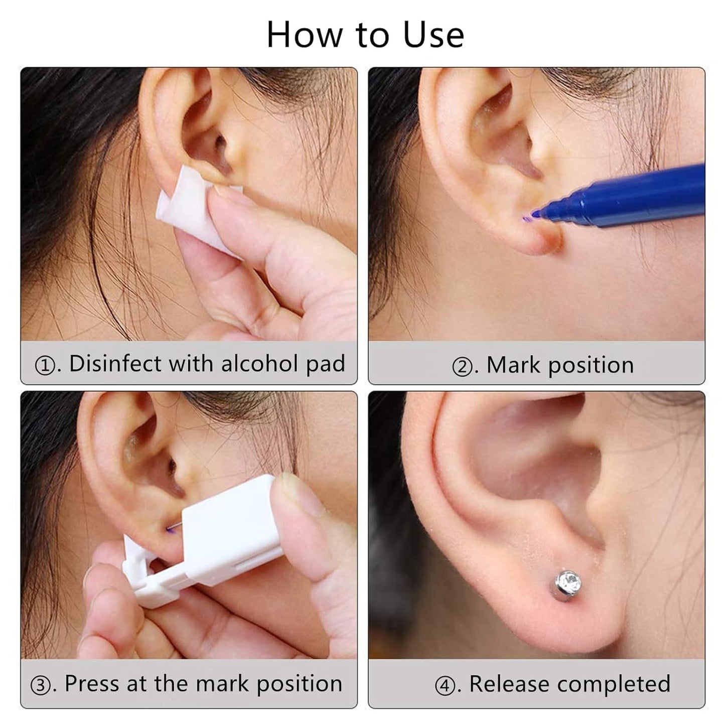 2 Pack Ear Piercing Kit, 3mm Silver Ear Piercing Kit Gun, Ear Piercing Tool, Comes with a Pair of Dart Shaped Replaceable Earrings (Black)
