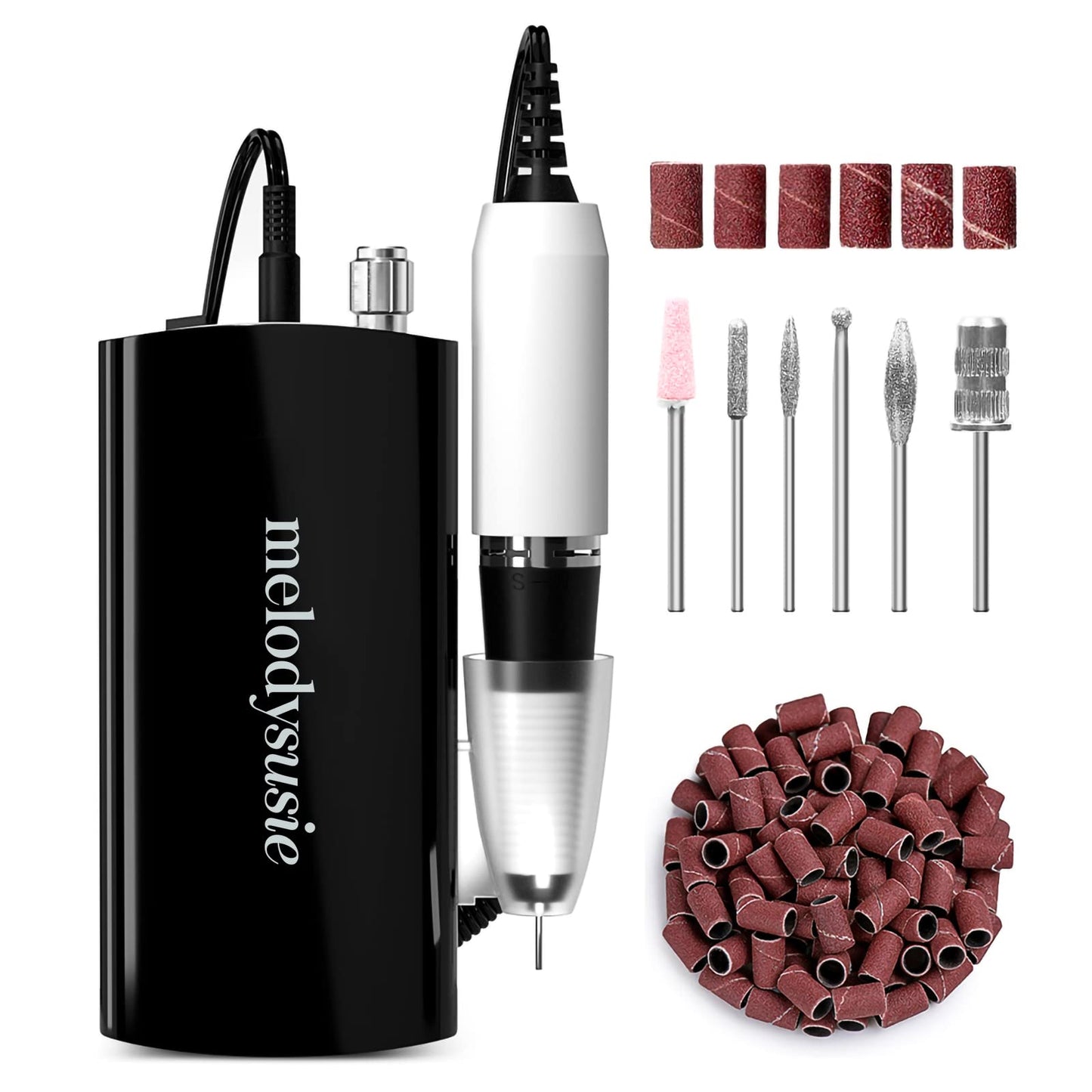 MelodySusie Professional Nail Drill - 30000 RPM Rechargeable Portable Nail Drills with 6 Bits and 106 Sanding Bands with Professional 5 in 1 Nail Drill Bits