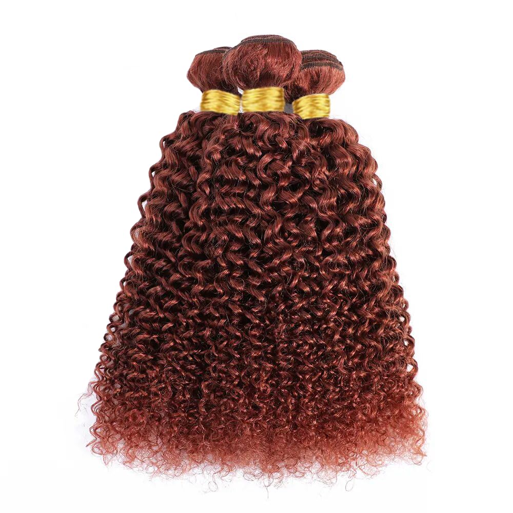 Color #33 Curly Bundles Human Hair Reddish Brown Kinky Curly Bundles Auburn Human Hair Double Weft Brazilian Remy Hair Weave Extensions Wet and Wavy Silky Soft for Black Women(20 22 24 Inch 3 Bundles)