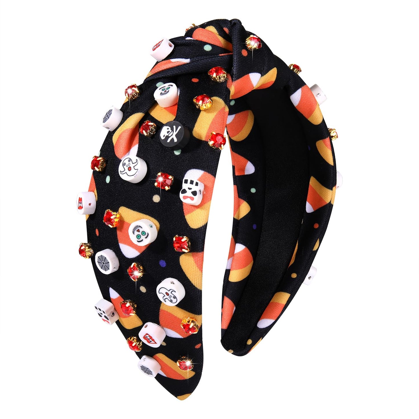 Halloween Headband Black Halloween Skull Candy Corn Print Wide Knotted Headband Accessories forWomen Rhinestone Bead Halloween Themed Charm Top Knot Headband Halloween Costume Party Hair Accessory