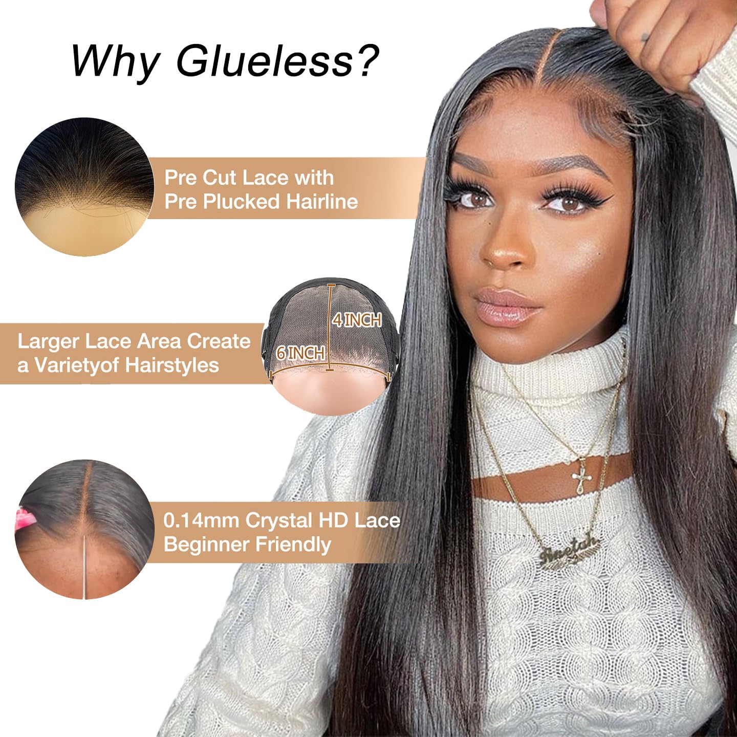 Sunelk Wear and Go Glueless Wigs Human Hair Pre Cut HD Lace 6x4 Straight Lace Front Wigs Human Hair Pre Plucked 180% Density Glueless Wigs Human Hair for Beginners 22 inch