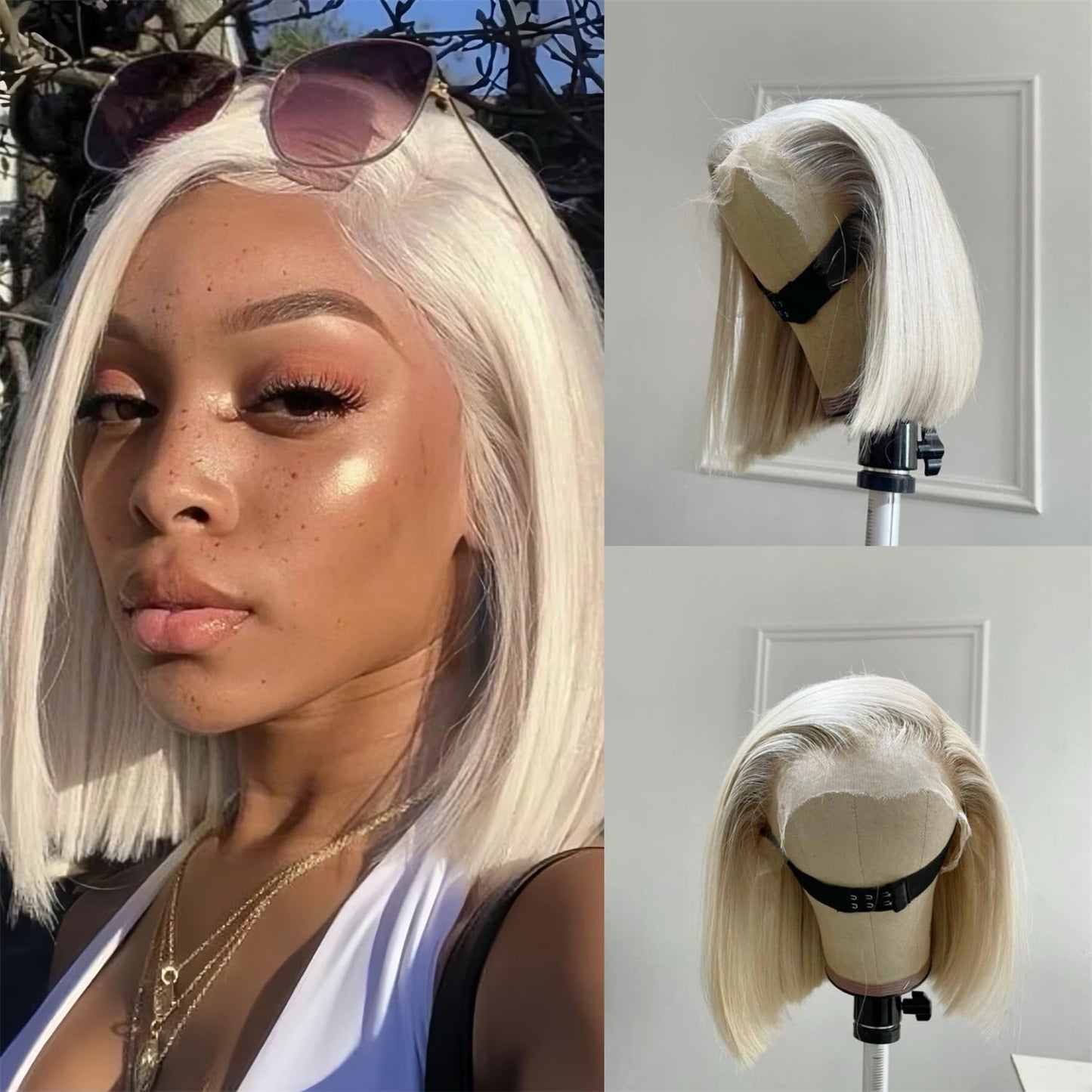 Fashion Ash White 60# Short Bob Human Hair Wig Platinum Blonde Straight Lace Front Wigs Human Hair Pre Plucked With Baby Hair 180% Density 613 Bob Lace Frontal Wigs Human Hair for Women 10inch