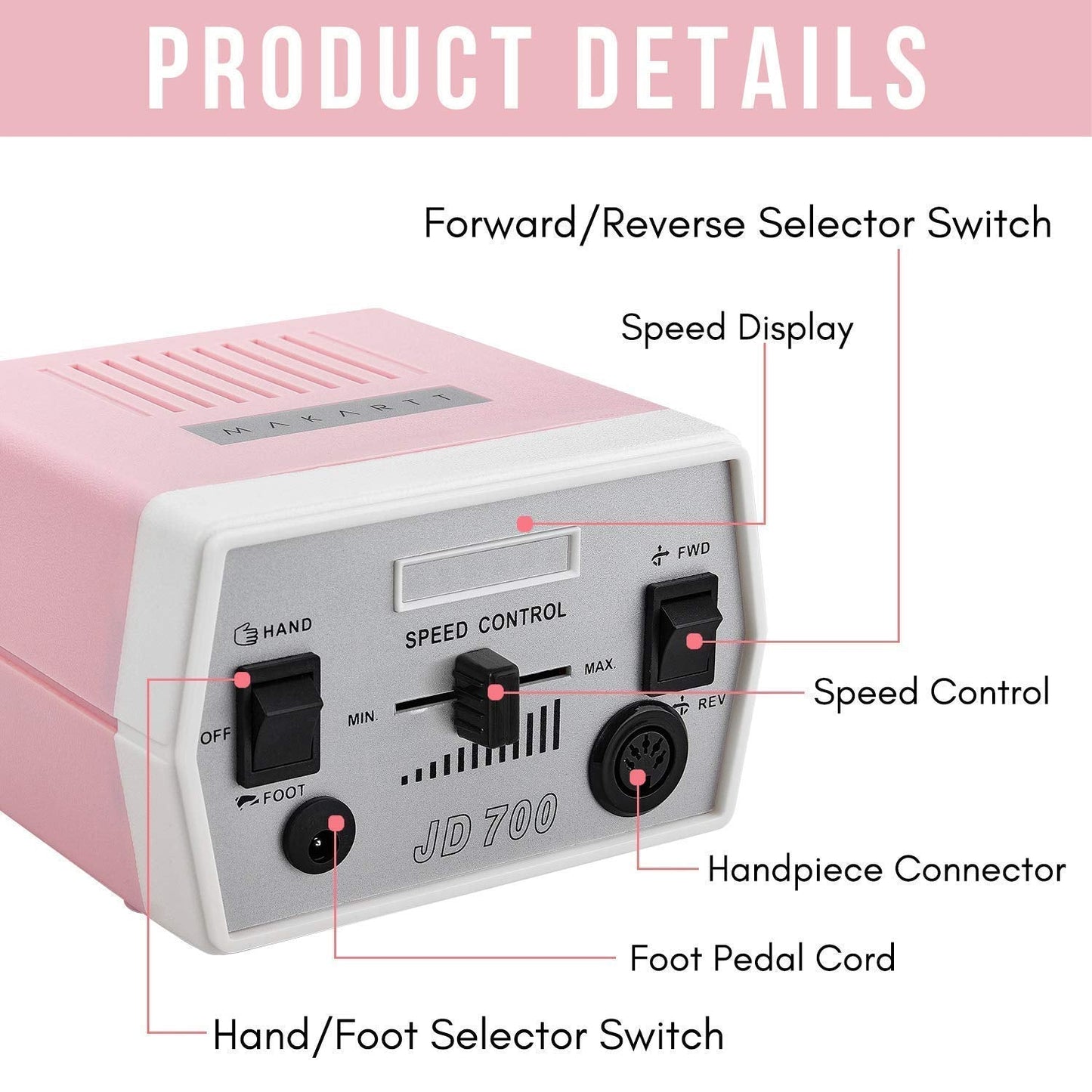 Makartt Nail Drill Portable Electric Nail File Machine Geneviere E File Pink JD700 Professional 30000RPM Manicure Drill Bundle with 300Pcs #80#150#240 Grits Nail Drill Bits Sanding Bands