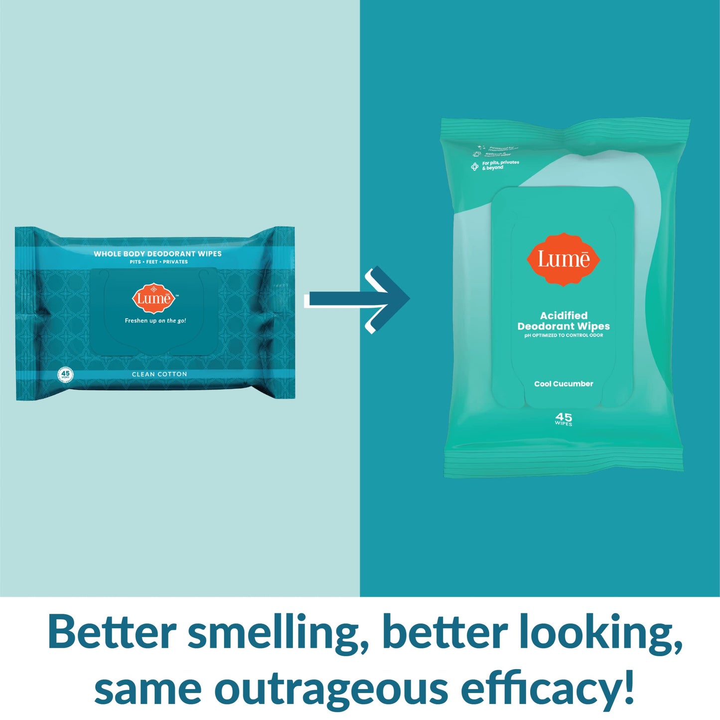 Lume Acidified Deodorant Wipes - 24 Hour Odor Control - Aluminum Free, Baking Soda Free, Skin Loving - 45 Count (Pack of 2) (Cool Cucumber)