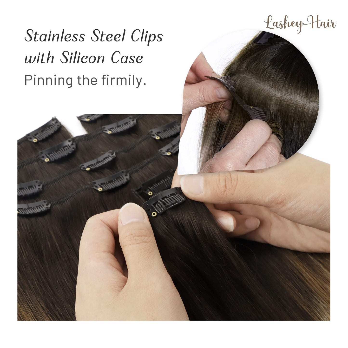 Clip in Hair Extensions, 20 inch Dark Brown to Chestnut Brown and Dirty Blonde Highlighted Hair Extensions Clip in Human Hair Lashey Hair Extensions Real Human Hair 120g 7pcs