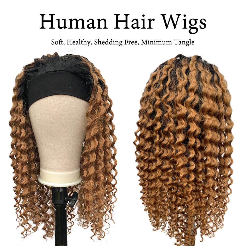 Glueless Headband Human Hair Wigs Deep Wave Ombre Natural Black to Strawberry Blonde Highlight No Lace Front Wigs 14 inch 150% Density Full Ends for Black Women with Pre-attached Scarf 1b27 Colored