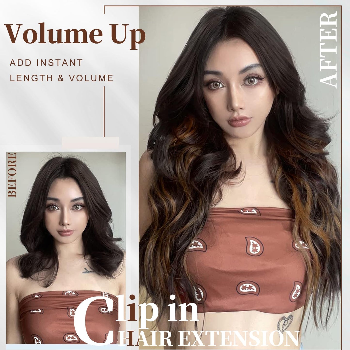Flvaco Clip In Synthetic Hair Extensions 6PCS 20 Inch Wavy Long highlights Brown Hair Extensions Thick Clip Ins Hairpieces Double Weft Full Head For Women Extension(230G,Auburn Chestnut)