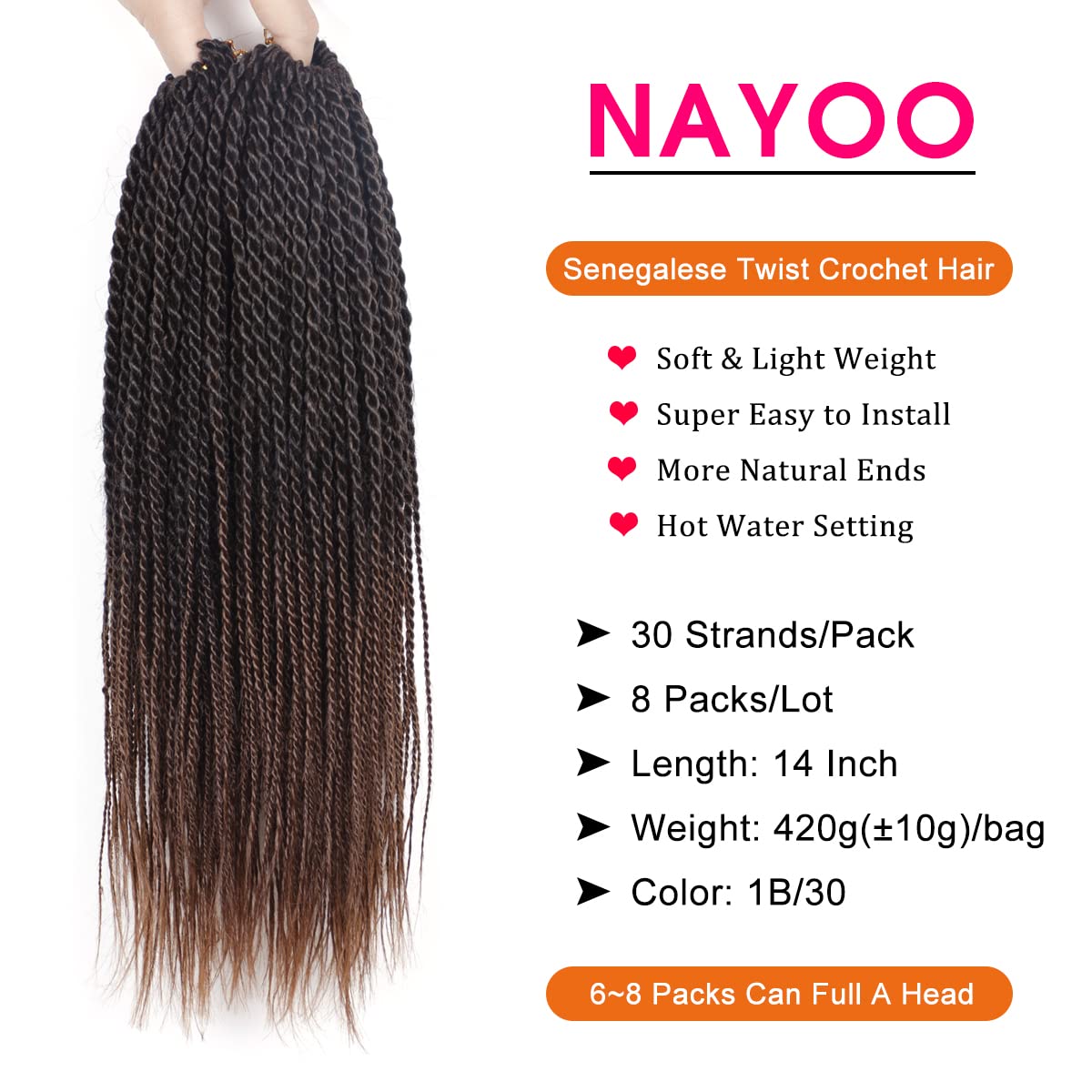 NAYOO Senegalese Twist Crochet Hair - 8 Packs 14 Inch Crochet Hair For Black Women, 30 Strands/Pack Small Twist Crochet Hair Hot Water Setting, Crochet Braids Hair with Natural Ends(14 Inch,1B/30)