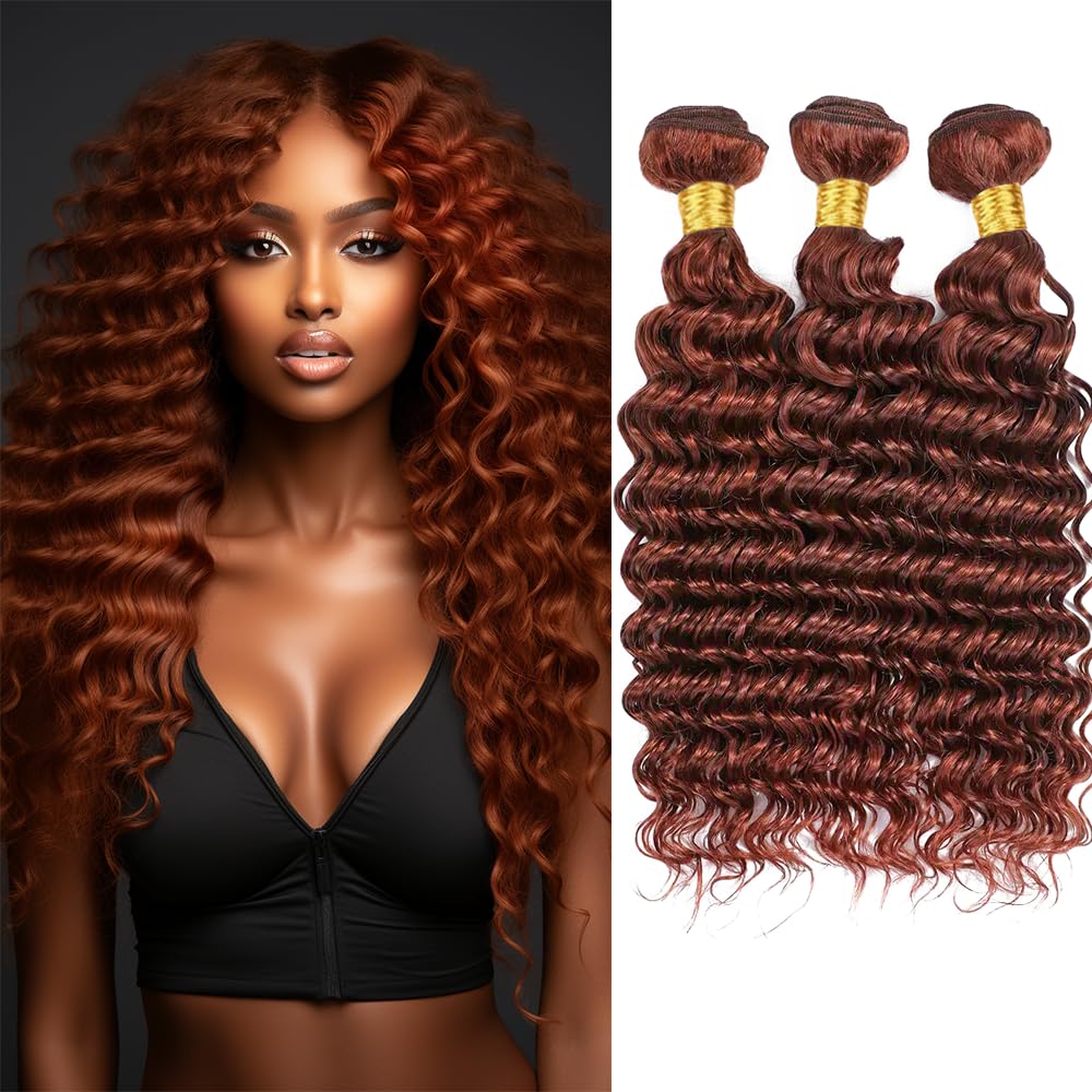 Color #33 Deep Wave Bundles Human Hair Loose Reddish Brown Deep Curly Bundles Auburn Human Hair Double Weft Brazilian Remy Hair Weave Extensions Wet and Wavy Silky Soft for Black Women (20 22 24 Inch)