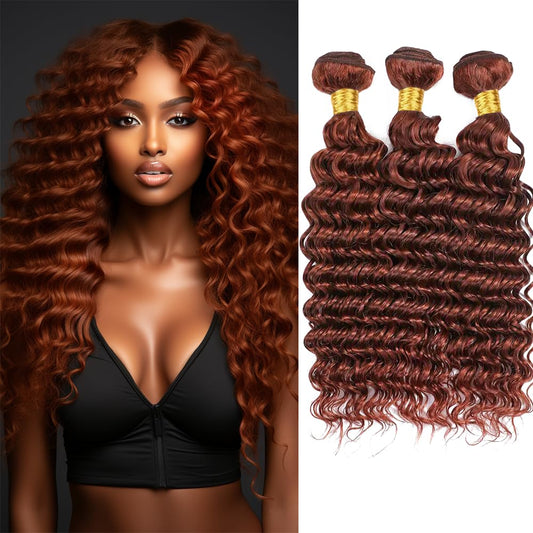 Color #33 Deep Wave Bundles Human Hair Loose Reddish Brown Deep Curly Bundles Auburn Human Hair Double Weft Brazilian Remy Hair Weave Extensions Wet and Wavy Silky Soft for Black Women (20 22 24 Inch)