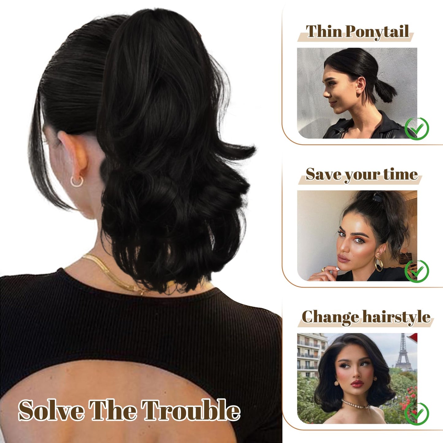 RICH BRIA Ponytail Extensions Real Human Hair Claw Clip in Pony Tails for Women Curly Ponytails Hair Extension 10 inch Jet Black 2.47oz