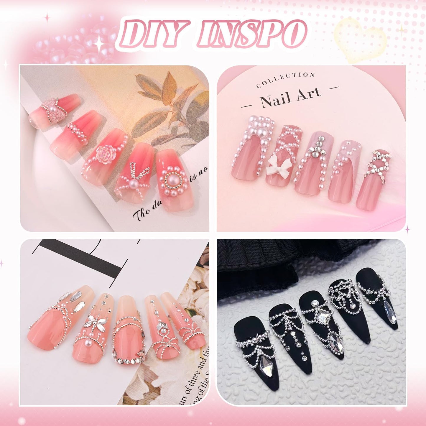 2 Boxes Flatback Pearls (White) and Metal Nail Beads (Silver) with Rhinestones Glue Gel for Nail Art, Pearl Nail Charms and Round Caviar Beads Nail Accessories for Acrylic Nail Tips Manicure Decor