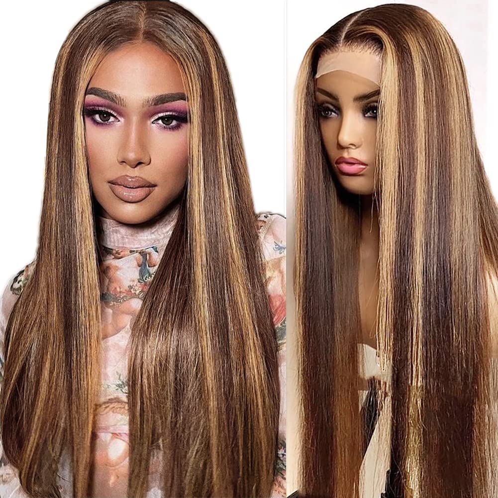 ALISFEEL 4x4 Highlight Lace Closure Wig Human Hair Lace Closure Human Hair Wigs for Black Women 4/27 HD Transparent Pre Plucked Lace Front Wig 180% Density Colored Brazilian Straight Wig (24 Inch)