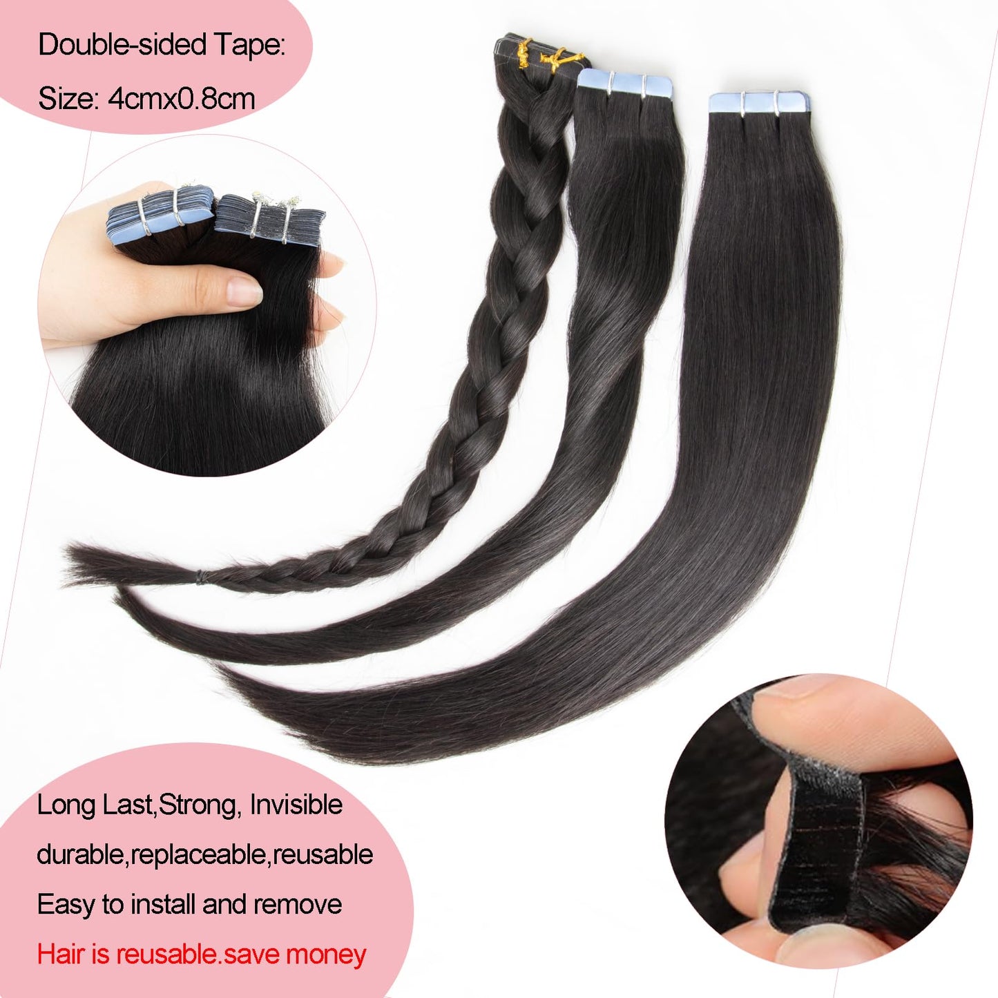 FEIPRO Silky Straight Tape ins Human Hair Girls Tape in Hair Extensions Human Hair Invisible Tape ins Seamless PU Skin Weft Soft Natural Black Long Hair Extension 24Inch 50g 20pcs/Pack