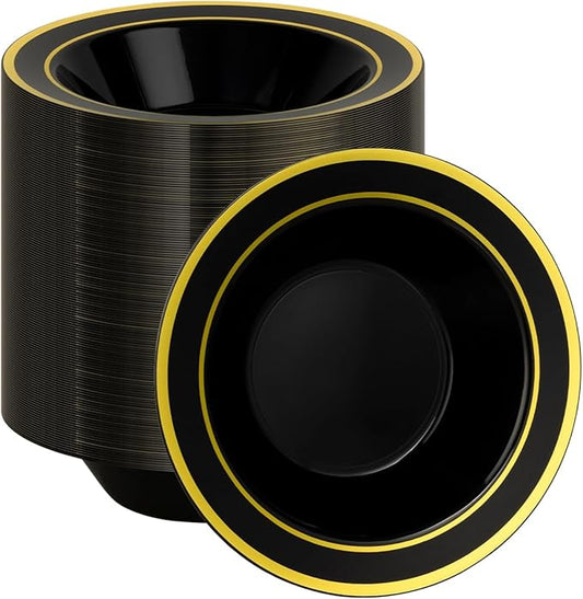 200 Pack Black Disposable Bowls with Gold Rim, 12oz Black Plastic Soup Bowls for Party, Wedding, Holiday,And Halloween