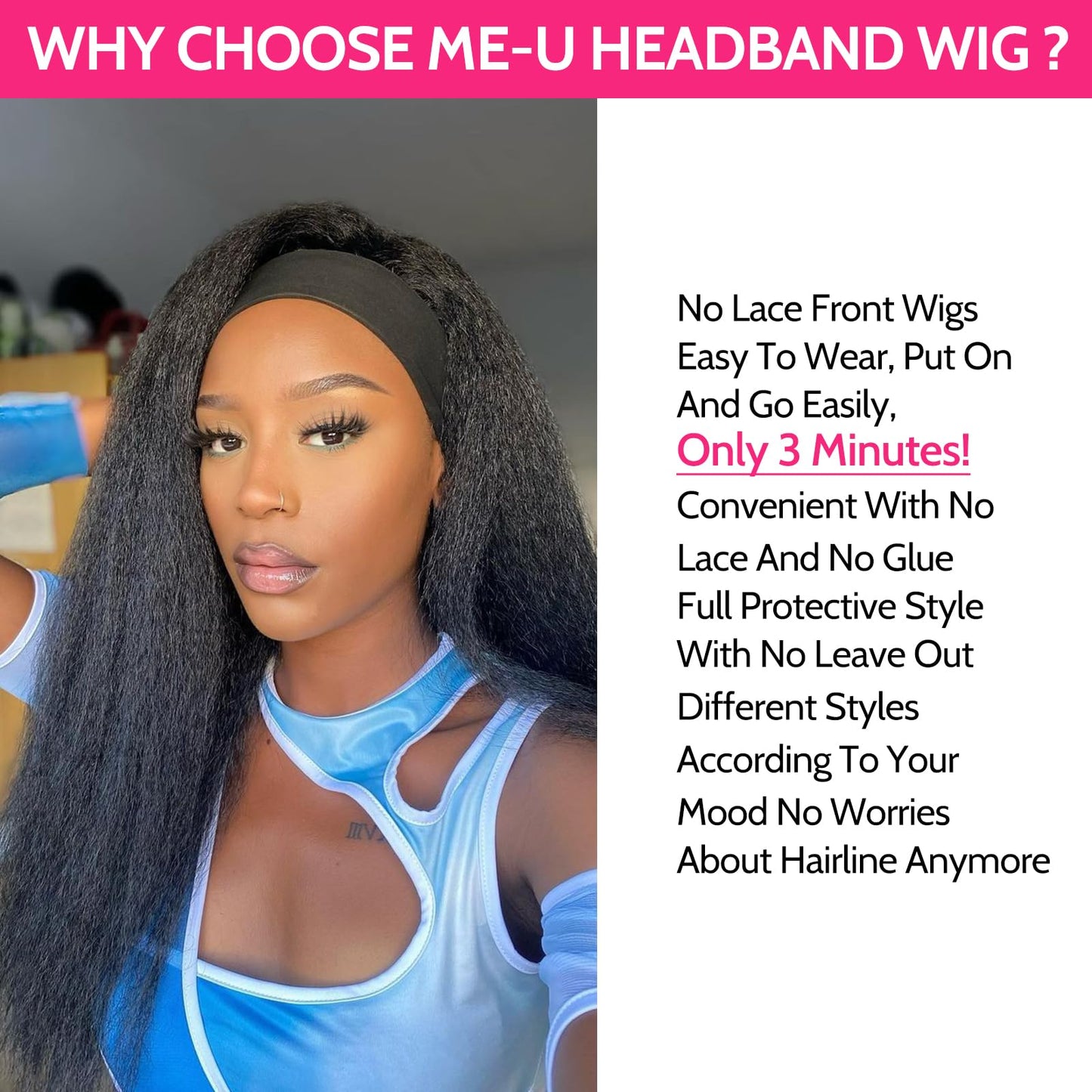 ME-U Headband Wig Human Hair Kinky Straight Guleless Wigs for Black Women Wear and Go 180% Density Yaki Straight Wig No Lace Natural Black Color 30 Inch
