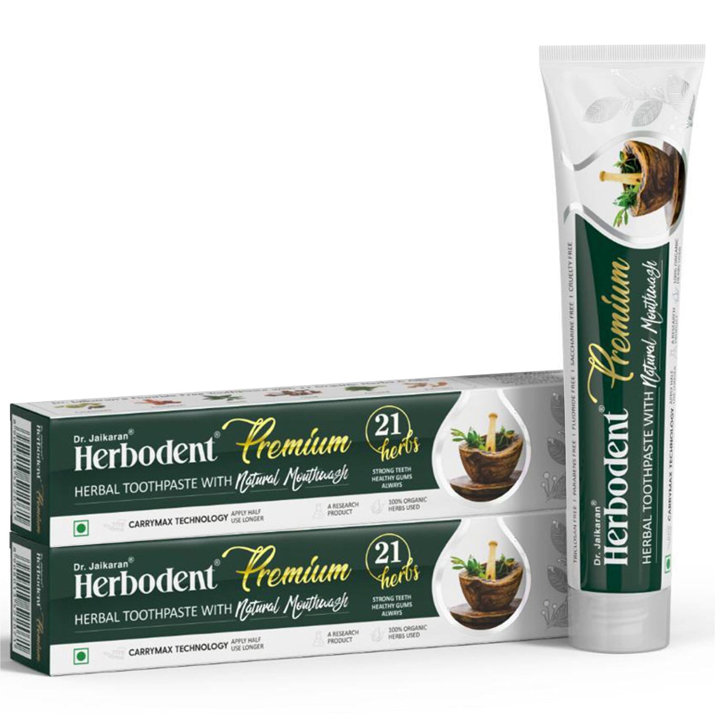 Herbodent® Premium Toothpaste - 21 Herbs for Strong Teeth & Healthy Gums - Neem, Clove, Cinnamon, Cardamom with Natural Mouthwash - No Paraben, No Fluoride, No Saccharin, No Triclosan (2, 5.82 Ounces)