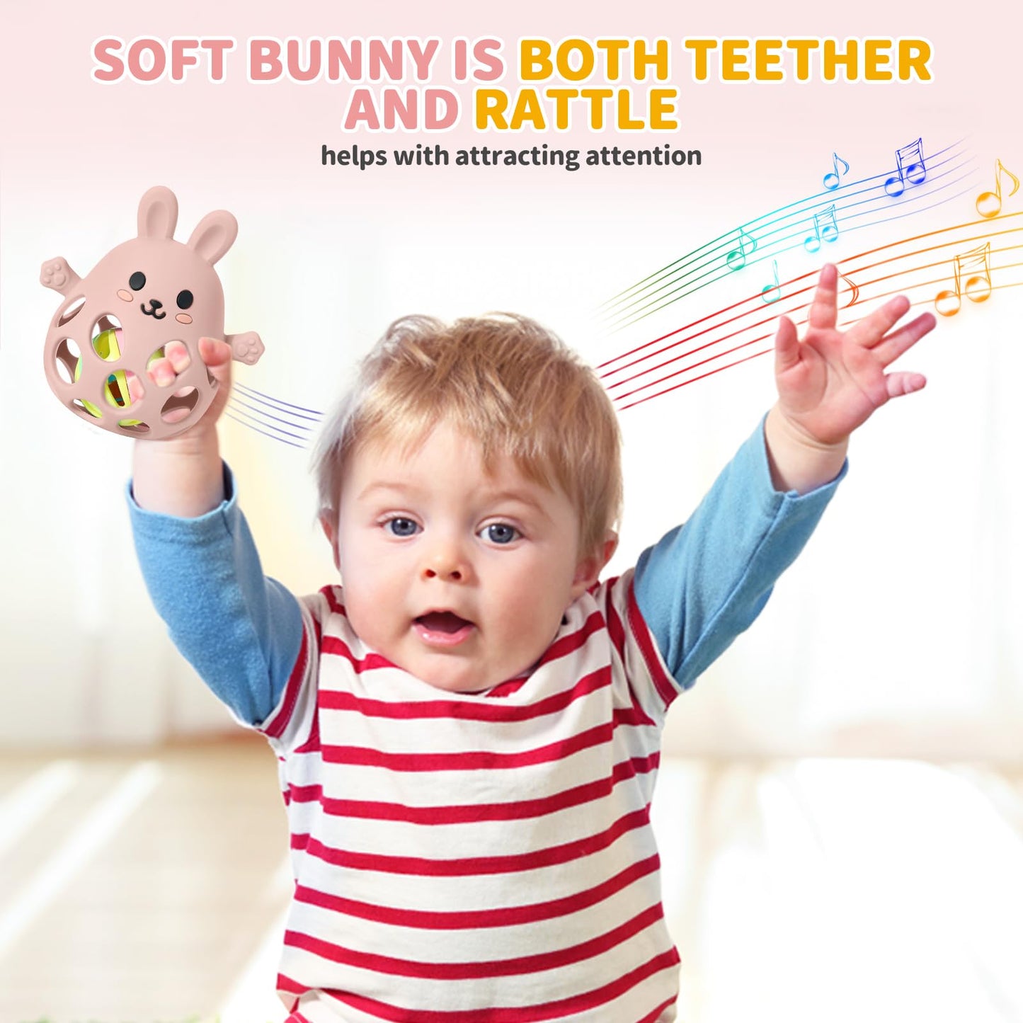 Orzbow Baby Teething Toys 3-6 Months, 2 in 1 Rattle & Hand Teethers for Teething Relief, Easy Grasp Teething Mittens for Babies 0-12 Months,Food Grade Silicone, Newborn Infant Toddler Gift, Pink