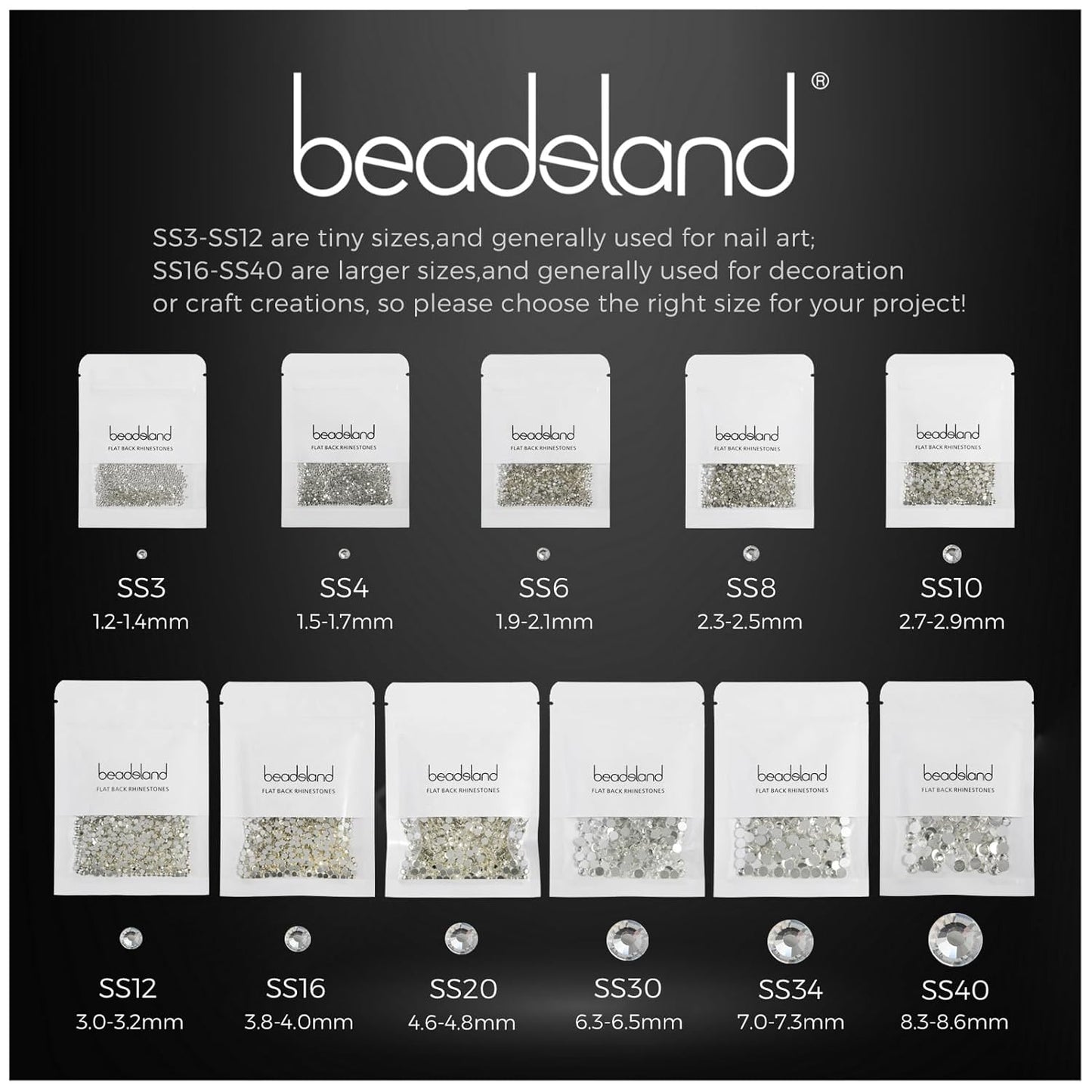 beadsland Flat Back Crystal Rhinestones Round Gems for Nail Art and Craft Glue Fix,Silver Hematite (1.3-1.4mm) SS3/1440pcs