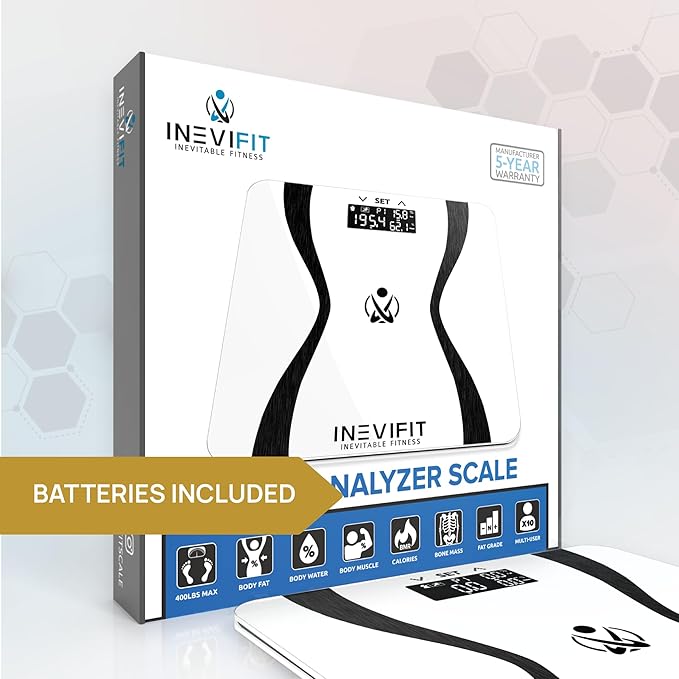 INEVIFIT Body-Analyzer Scale, Highly Accurate Digital Bathroom Body Composition Analyzer, Measures Weight, Body Fat, Water, Muscle & Bone Mass for 10 Users. Includes Batteries