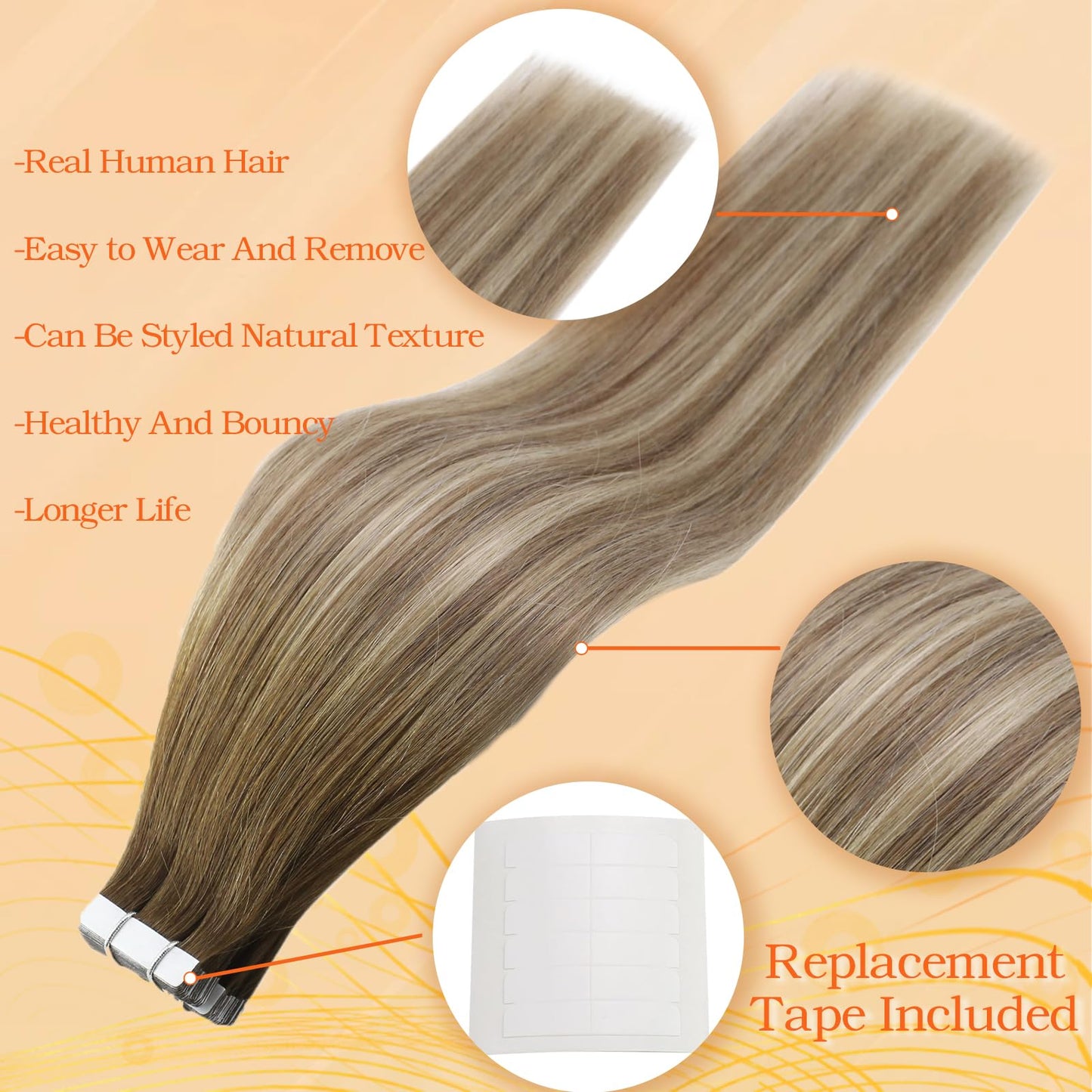 Full Shine Tape in Hair Extensions 20 Inch Human Hair Tape Hair Extensions Balayage Color 3 Dark Brown Fading to 8 and 22 Blonde Highlighted Glue in Hair Extensions 50 Grams 20Pcs