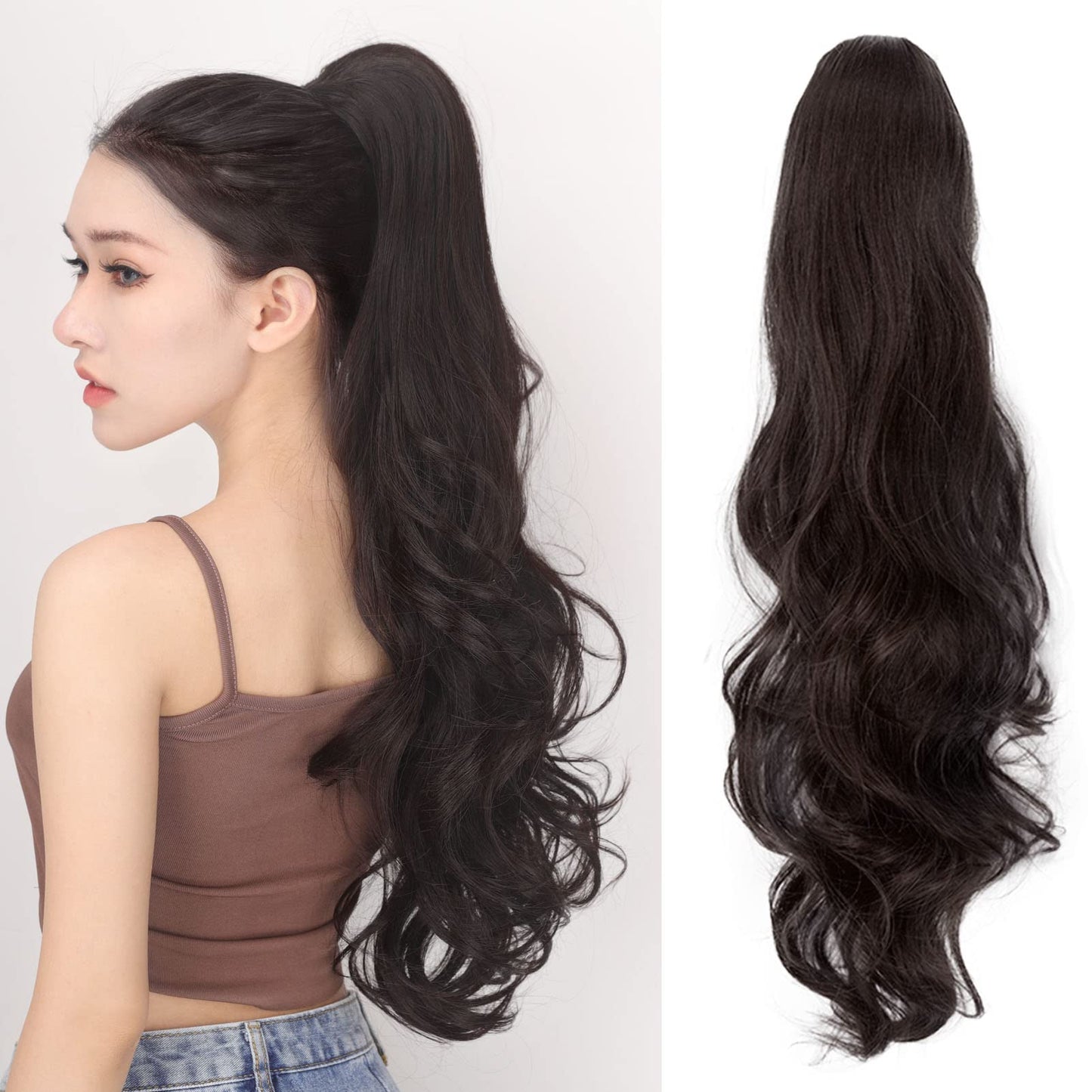 JHZSJF Drawstring Fake Ponytail Hair Extensions，Long Wavy Wrap Around Synthetic Heat Resistant Pony Tail Hairpiece 28" 5.6 OZ Pony Tail Hair Pieces For Women Girls【 Black Brown】