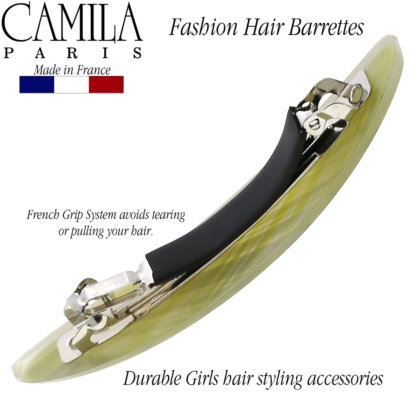 Camila Paris CP3389 French Hair Barrette Clip for Girls, Gray Green Small Strong Hold Grip Hair Clips for Women, No Slip Rubberized Automatic Clasp Styling Hair Accessories, Made in France