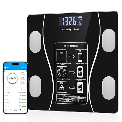 Digital Simple and Practical Body Fat Scale with Smartphone App, Bathroom Scale with Led Display (Black)