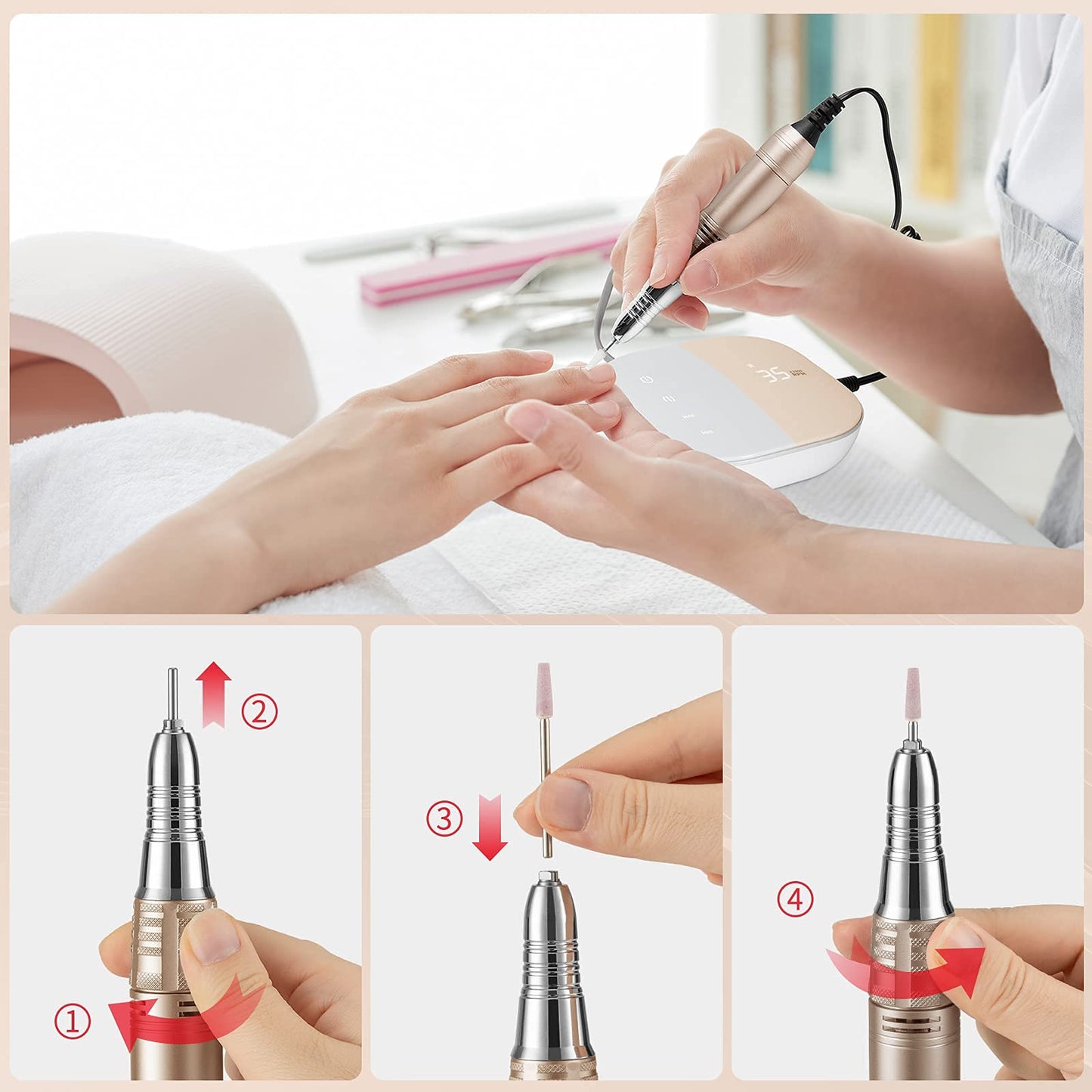 Madenia Professional Nail Drill Machine for Acrylic Nails and 11pcs Tungsten Carbide Nail Drill Bits, Pink