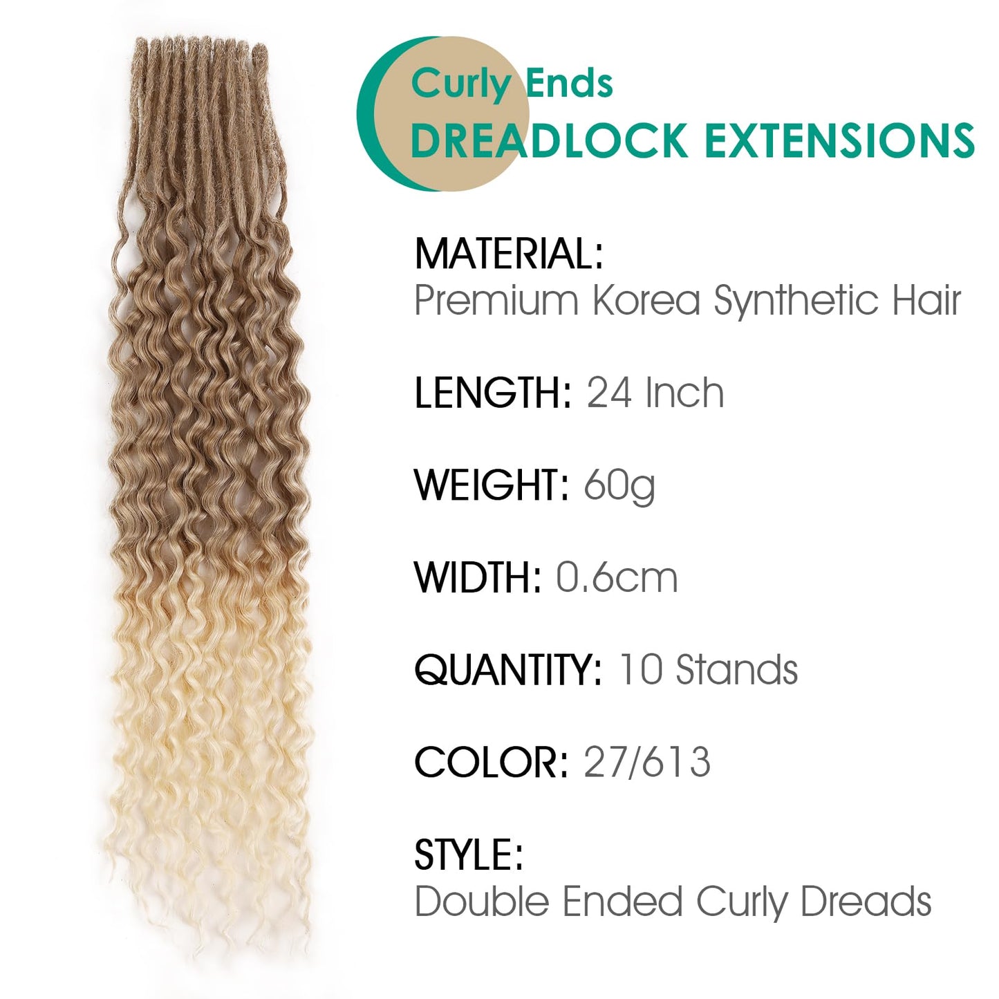 HANNE Double Ended Curly Dreadlock Extensions for Black Women and Men 24 Inch 10 Strands Ombre Blonde Curly Synthetic Wavy Dreadlock Extensions (24 inch, MT27/613)