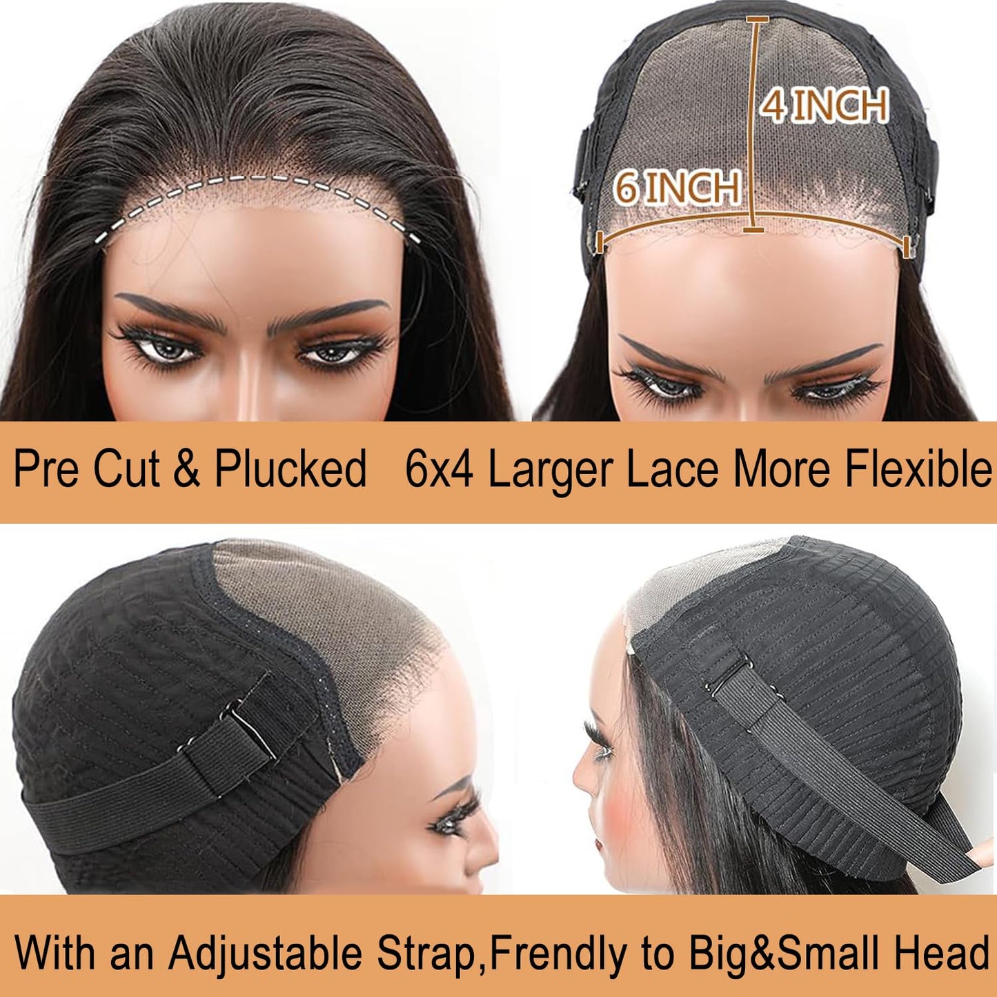 Sunelk Wear and Go Glueless Wigs Human Hair Pre Cut HD Lace 6x4 Straight Lace Front Wigs Human Hair Pre Plucked 180% Density Glueless Wigs Human Hair for Beginners 22 inch
