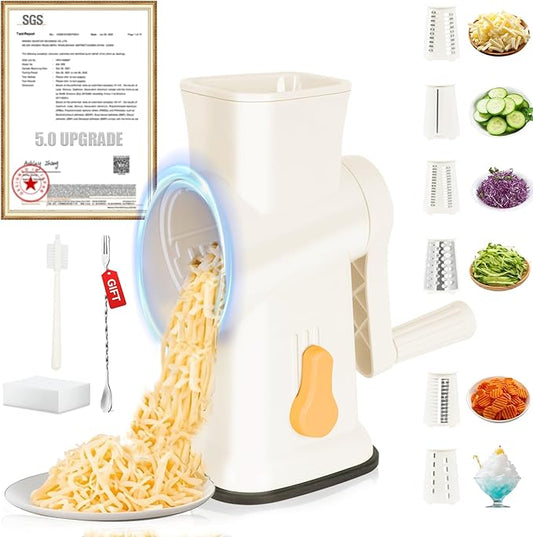 2025 Upgrade 6-In-1 Cheese Grater【 Military-Grade SUS304 Blade - 3S Fast Cut】【SGS Certification - German Nano Strong Suction Base】Cheese Grater Hand Crank Suitable for Home Use(White)