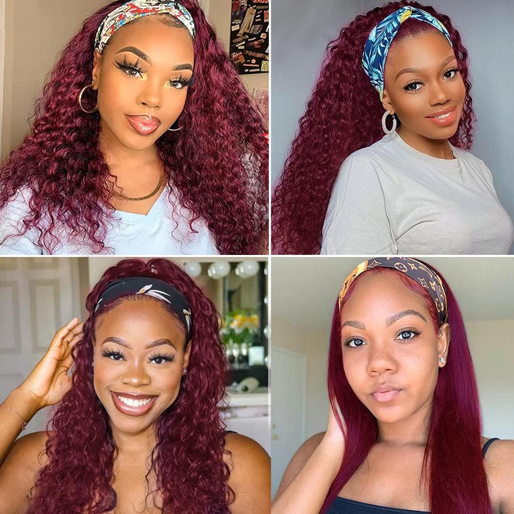 YiweYowe 30 Inch 1B99J Red Headband Wig Human Hair Burgundy Deep Wave Headband Wigs Two Tone Ombre Human Hair Wigs 150% Density Grade 8A Unprocessed Virgin Hair Wigs Headband Wig Wine Red Color