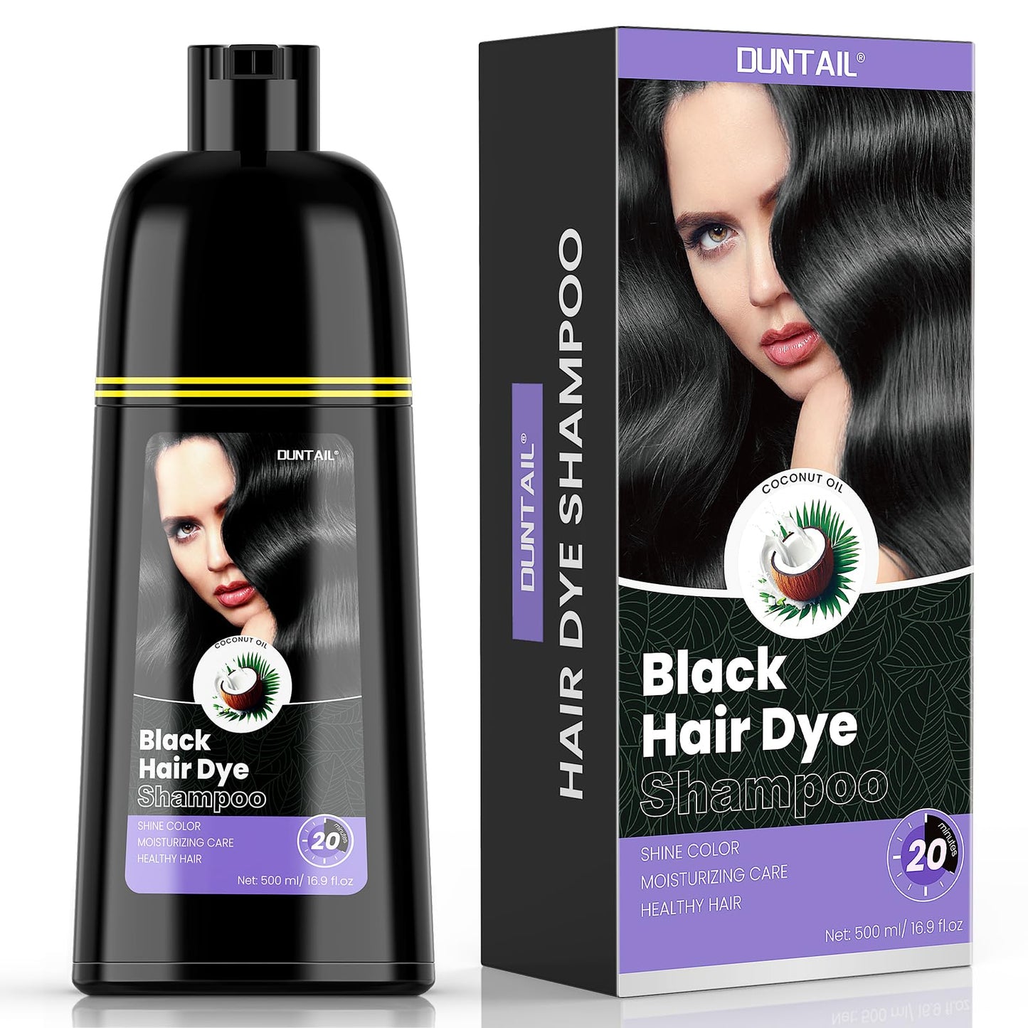 DUNTAIL Hair Dye Shampoo 3 in 1, Black, 17.6 Fl Oz - Gentle Formula for Gray Coverage, Hair Color Shampoo with Herbal Ingredients