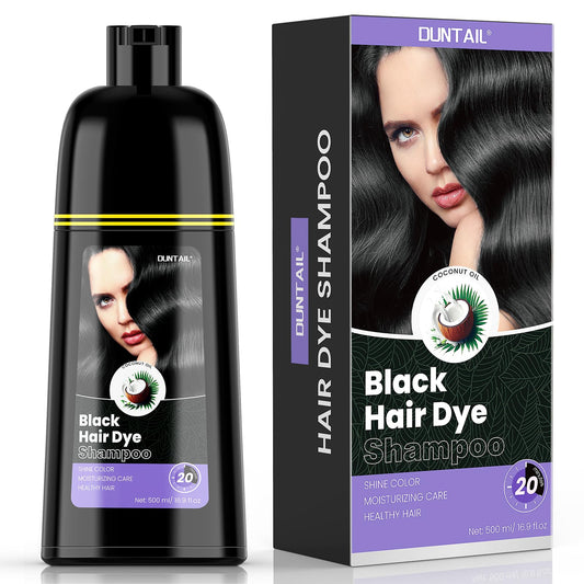 DUNTAIL Hair Dye Shampoo 3 in 1, Black, 17.6 Fl Oz - Gentle Formula for Gray Coverage, Hair Color Shampoo with Herbal Ingredients