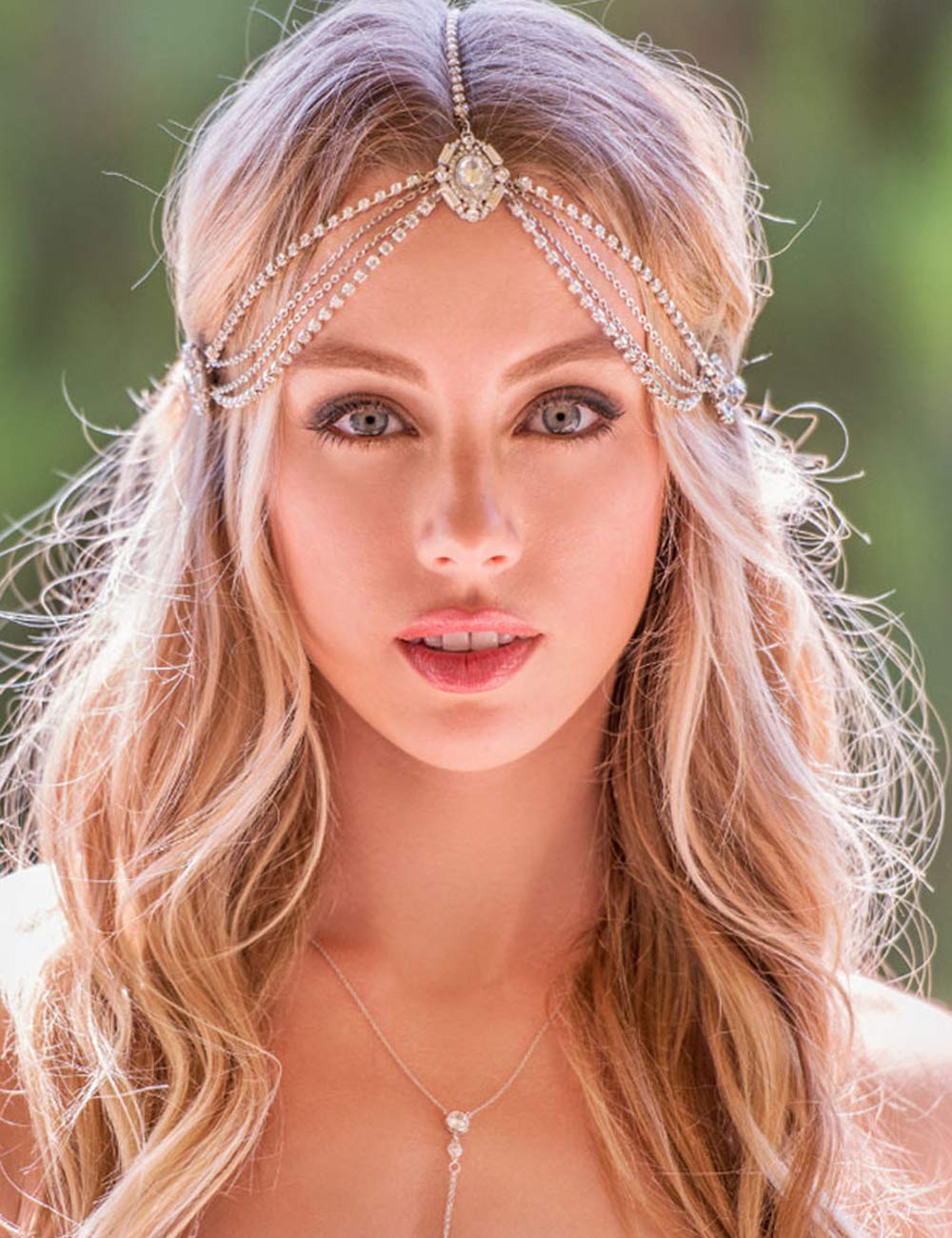 Xerling Clear Rhinestones Head Chain Crystal Headpiece for Women Girls Layered Chain Headband Bling Hair Accessories for Wedding Bridal Festival Costume (Gold)
