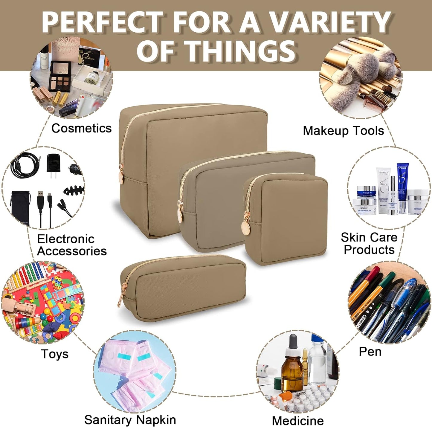 Large Makeup Bag Pouch,Nylon Women Travel Toiletry Storage Bag Preppy Cosmetic Bag for Girls,Big Makeup Organizer Bag Cute Zipper Pouch Skincare Bag for Sport Work Gift(Large-Khaki)