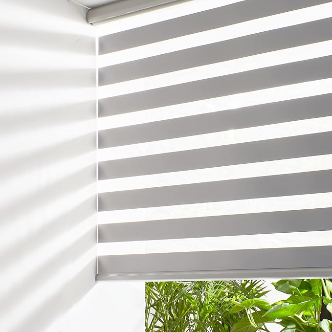 Persilux Cordless Zebra Blinds for Windows (31" W X 64" H, Grey) Free-Stop Roller Windows Shades Dual Layer Light Control for Day and Night, Light Filtering Sheer Shades for Home