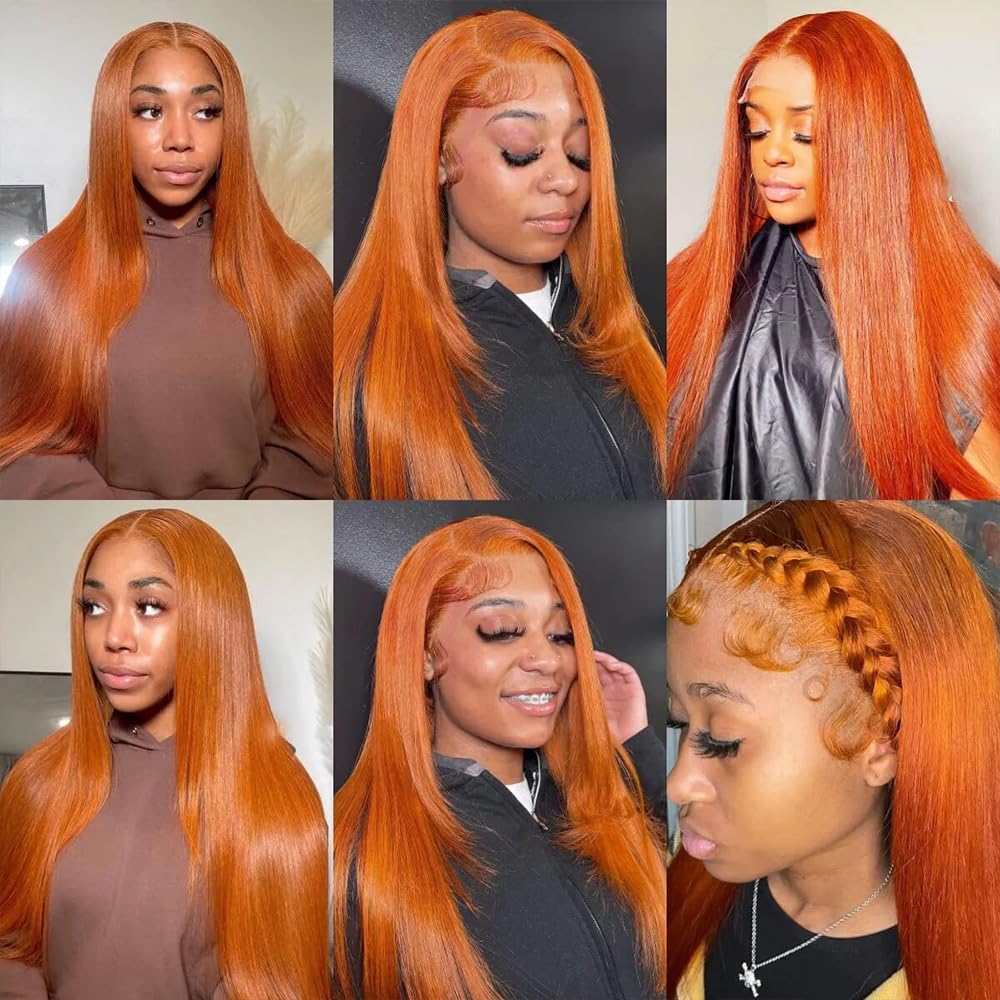 Ginger Orange Straight Bundles Color 350 Human Hair Bundles Ginger Hair Straight Bundles Double Weft Remy Hair Soft and Silky Weave Extensions Bundles for Black Woman (24 24 24 inch,3 Bundles)