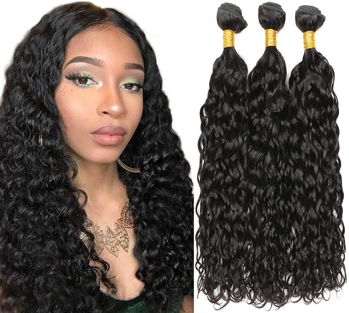 HeioWuio Water Wave Hair Bundles Natural Black Color Brazilian Remy Hair Weaves No Tangle Hair Extensions Real Unprocessed Virgin Hair Bundle 24 24 24 Inch