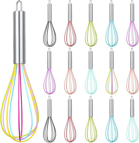Domensi 16 Pcs 8 Inch Whisks Bulk for Cooking Silicone Whisks Non Scratch Stainless Steel Hand Coated Metal Heat Resistant Egg Beaters for Classroom Cook Party Favor Gift Supplies