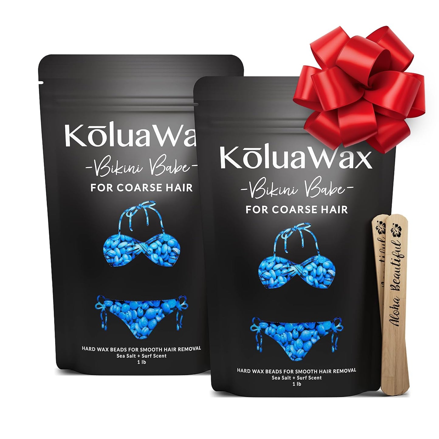 KoluaWax Hard Wax Beads for Hair Removal – Coarse Hair Formula – Face, Brazilian, Underarms, Back Chest, Bikini Waxing – Sea Salt & Surf, 1lb Refill for Wax Warmers & 10 Large Applicator Sticks 2 Pack
