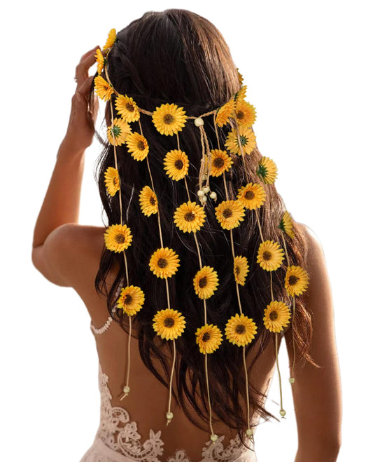 CHLINS Hippie Headband Flower Crown Bohemian Sunflower Headband Flower Headpiece Hippie Costume 60s 70s Outfits for Women (Yellow)