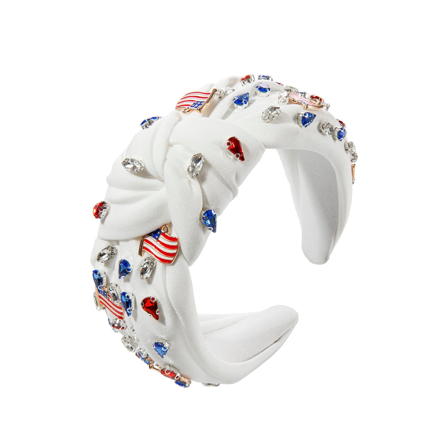 4th of July American Flag Rhinestone Headband for Women Red White Blue Crystal Top Knottted Headband Patriotic American Flag Charm Wide Hairband for Independence Day Hair Accessories Gift