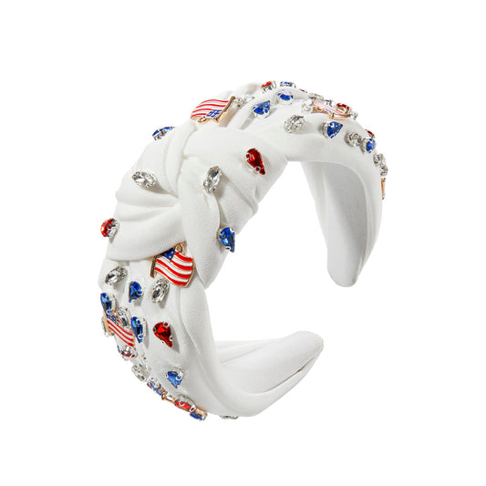 4th of July American Flag Rhinestone Headband for Women Red White Blue Crystal Top Knottted Headband Patriotic American Flag Charm Wide Hairband for Independence Day Hair Accessories Gift