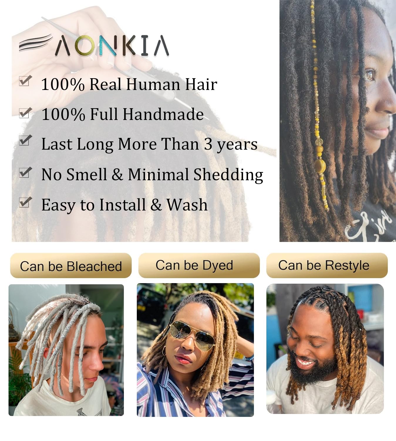 Loc Extensions Human Hair 0.6 cm Dreadlock Extensions Human Hair Dread Extensions Dread Lock Hair Extensions For Men Women 6 Inch 60 Strands 100% Real Human Hair Locs Handmade Permanent Locs