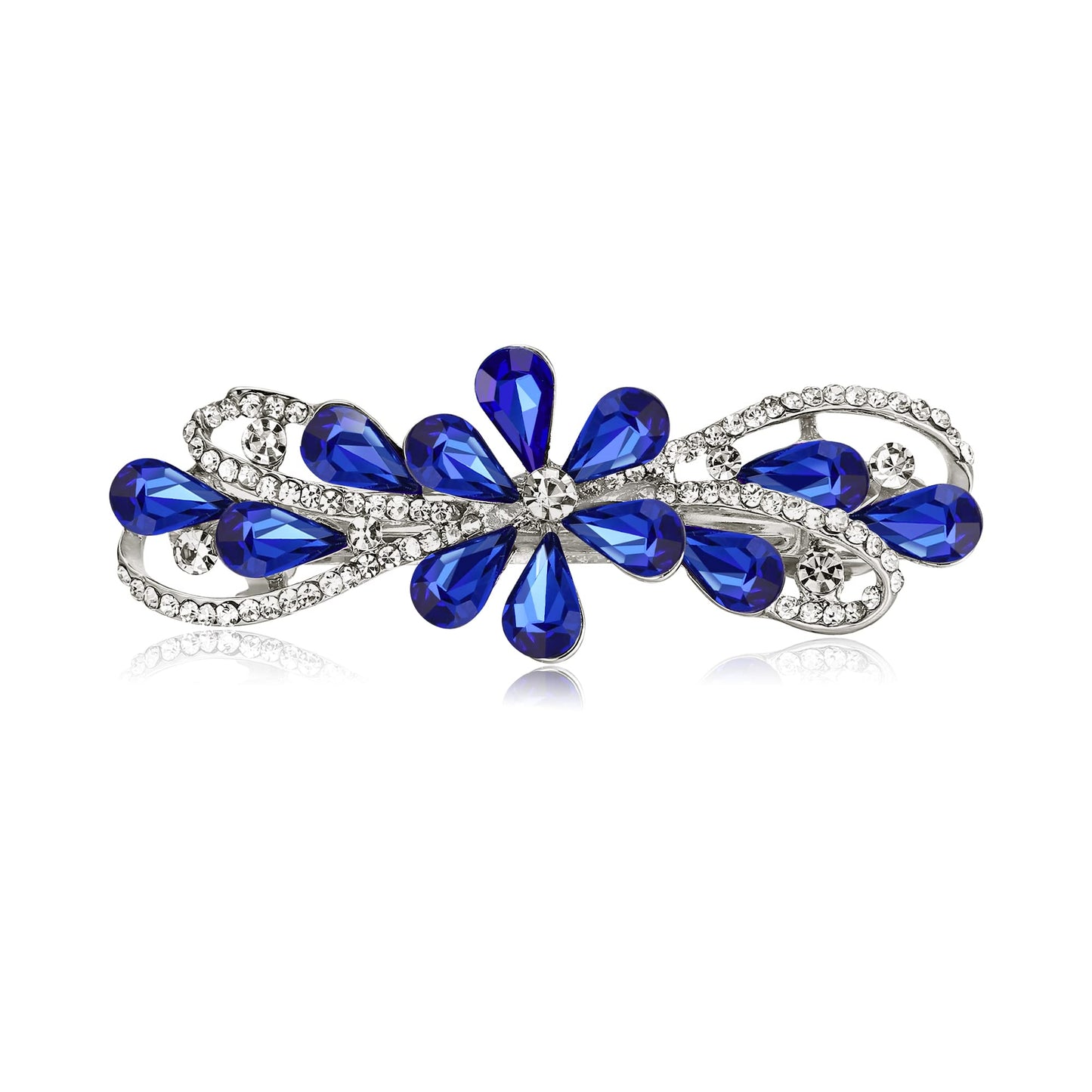 EVER FAITH Bridal Austrian Crystal Hair Barrette Clip, Gorgeous Waterdrop Flower Hair Accessories for Women Blue Silver-Tone
