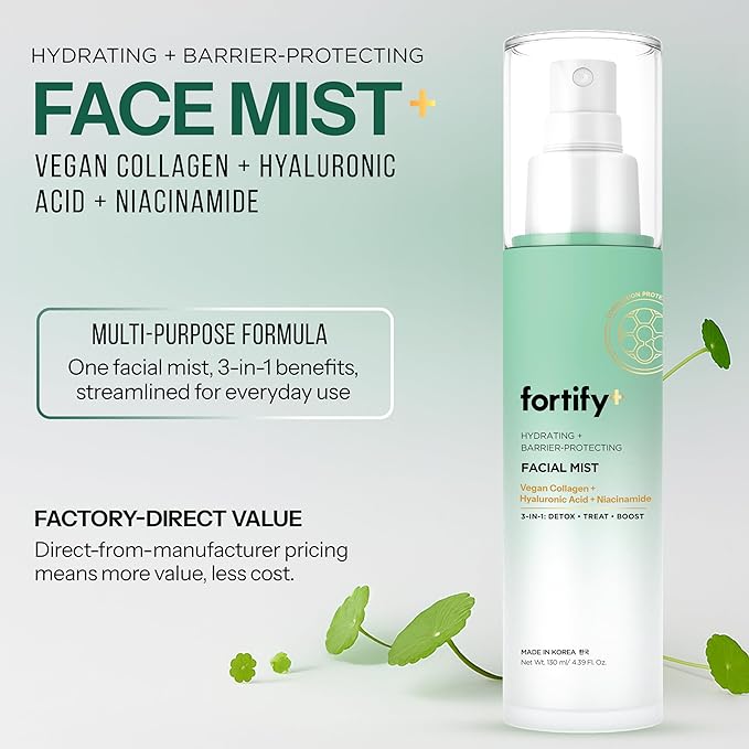 Fortify 9-in-1 Korean Facial Mist Spray with Hyaluronic Acid & Aloe Vera - Ultra Hydrating - Dermatologist Tested, Fragrance-Free - for All Skin Types, Clean Beauty - 130ML/4.39Oz