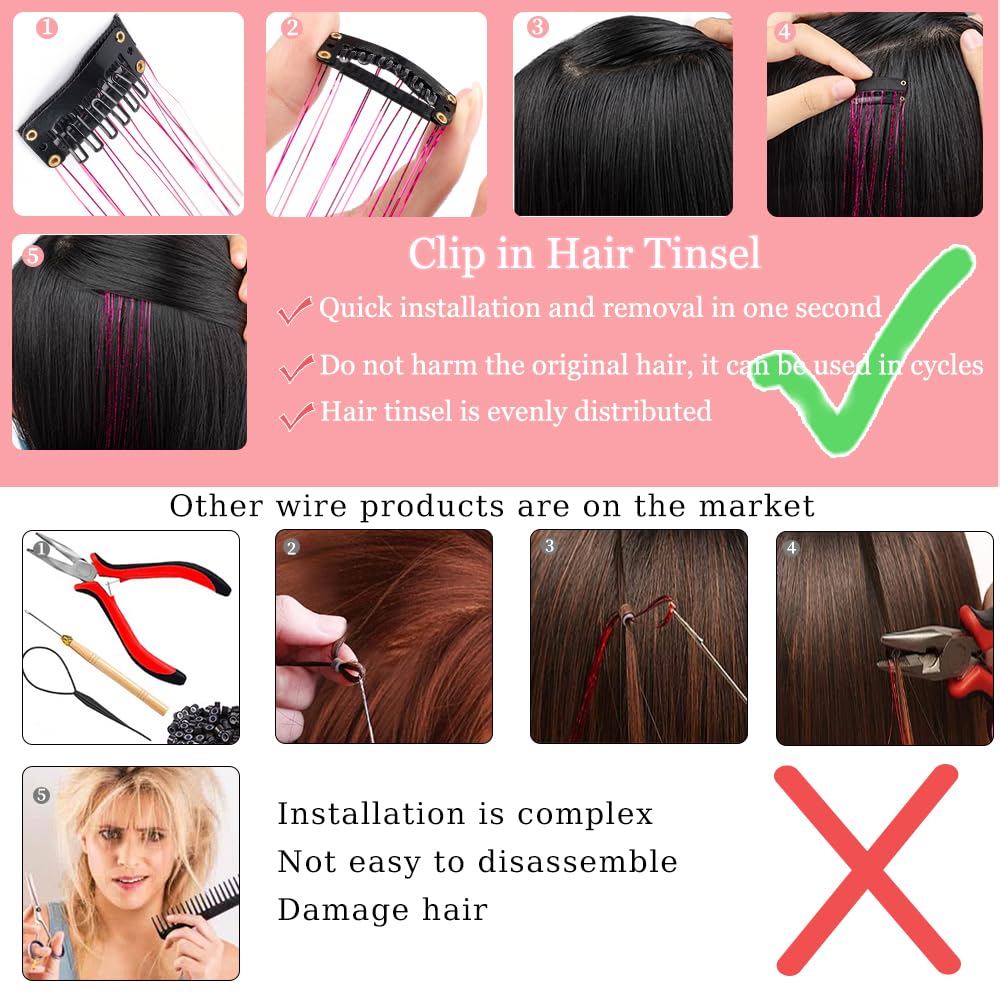 Hair Tinsel Pack of 12 Pcs Clip in Hair Tinsel 20 Inch Colorful Glitter Tinsel Hair Extensions Tinsel Fairy Hair Party Dazzle Hair Accessories Strands Kit for Women Girls Kids(12Pcs,Light Pink#)