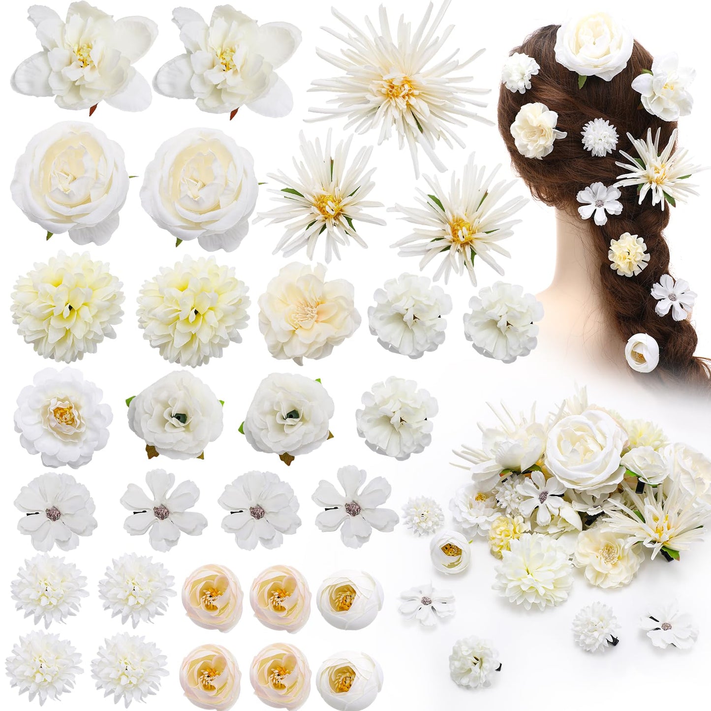 Korvishow 30pcs White Flower Hair Clips - Womens Girls Boho Handmade Artificial Rose Floral Barrettes Hair Clips Bridal Wedding Hair Accessories for Holiday Vacation Fairy Costume Photo Props